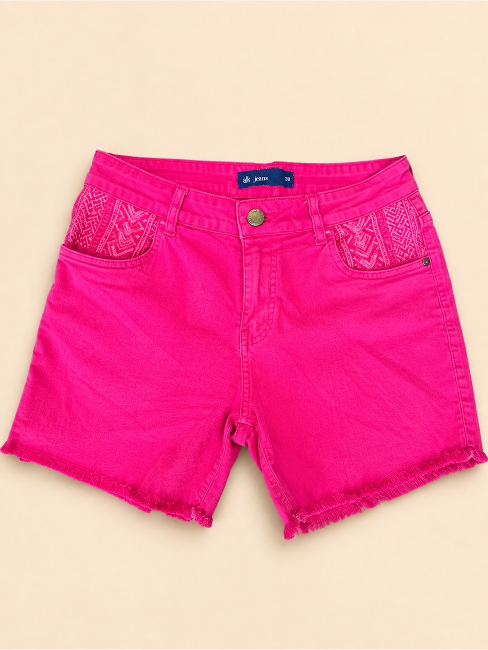 AK Jeans Hot Pink Embroidered Pocket Frayed Denim Shorts Size 38